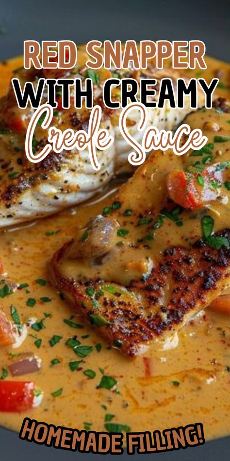 Red Snapper with Creamy Creole Sauce Fish Creole Recipes, Red Snapper With Creamy Creole, Redfish With Cream Sauce, Red Snapper Creamy Creole Sauce, Red Snapper Meal Ideas, Keto Snapper Fish Recipes, Cajun Red Snapper Recipes, Cajun Fish Sauce, Healthy Snapper Recipes