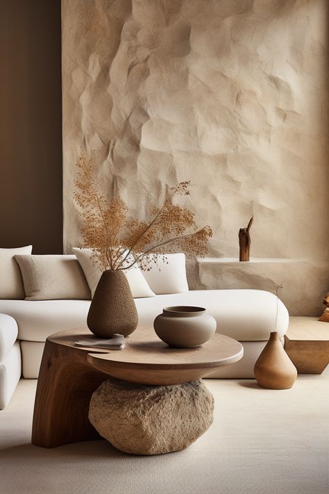 Infuse your space with #Japandi-inspired serenity using a stone-inspired side table, earthy tones, and emotive lighting. A captivating blend of southern countryside charm and boho chic style awaits. #JapandiDesign #BohoChicLiving #SculptedSerenity #HomeDecor #InteriorInspo #TranquilSpaces #EarthTonesDecor Texture In Interior Design Spaces, Side Wall Table Decor Living Room, Stone Inspired Interior, Japandi Stone Wall, Wabi Sabi Table Decor, Earthy Tone Interior Design, Earthy Style Living Room, Earthy Design Interiors, Earthy Tones Decor