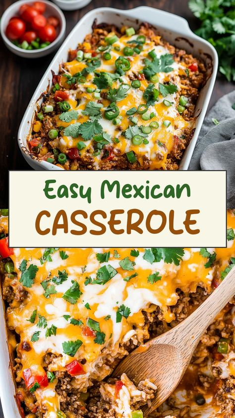 Indulge in the delicious flavors of a Mexican casserole that will satisfy your craving for a warm and comforting meal. This easy-to-make dish is packed with layers of savory ingredients like seasoned ground beef, melted cheese, corn tortillas, and zesty salsa. Perfect for busy weeknights or laid-back weekends, this Mexican casserole is sure to become a family favorite. Serve it with a dollop of sour cream and fresh cilantro for an extra burst of flavor. Simple Mexican Casserole, Mexican Casserole With Ground Turkey, Mexican Fiesta Casserole, Mexican Potluck Dishes For Work, Spanish Casserole Recipes, Mexican Inspired Recipes, Best Mexican Casserole Recipes, Make Ahead Mexican Food, Mexican Casserole With Corn Tortillas