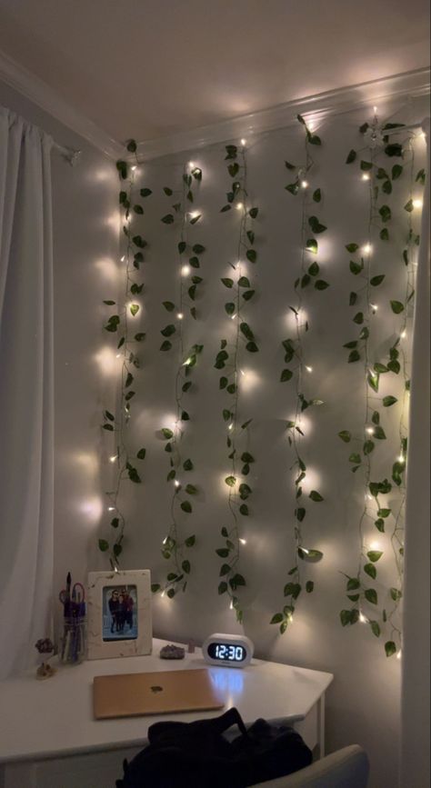 Led Vines In Bedroom, Leave Lights On Wall, Flower Vine Wall Decor, Leaves And Lights Bedroom, Places To Put Fairy Lights In Bedroom, Ivy Curtain Lights, Room Decor Bedroom Fairy Lights, Leaves And Fairy Lights Wall, Leaves In Bedroom