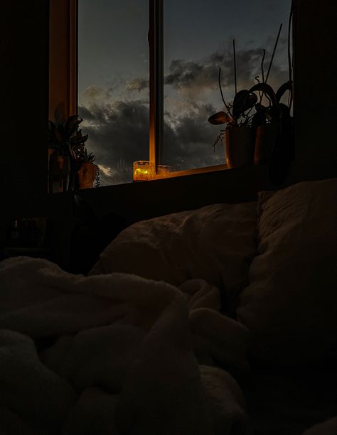 Rain From Home Window, Comfy Bed Aesthetic Rainy Day, Candlelit Bedroom Aesthetic, Nighttime Bedroom Aesthetic, Big Window Bedroom Aesthetic, Late Night Bedroom Aesthetic, Aesthetic Room At Night, Sleep Early Aesthetic, Relax Aesthetic Night