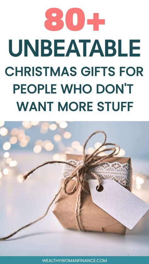 Gift-wrapped present with a tag, promoted as one of over 80 unique Christmas gifts for minimalists. Small Christmas Gift Ideas For Family, Non Materialistic Christmas Gifts, Non Gift Christmas Ideas For Adults, Best Homemade Christmas Gifts For Family, No Spend Christmas Gift Ideas, Thoughtful Gifts For Family, Non Clutter Christmas Gifts, Sit Christmas Gifts, Non Gift Christmas Ideas