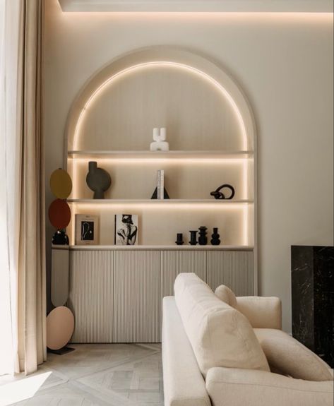 Arched Cabinets Living Room, Living Room Wall Niche, Modern Lobby, Small Basement Ideas, Kedokteran Gigi, Lighting Living Room, Hall Cabinet, Golden Fleece, Small Basement