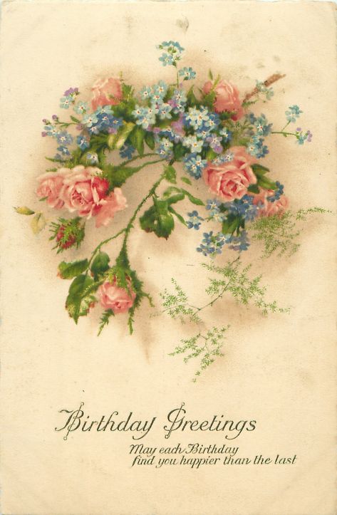 . Victorian Birthday, Moss Roses, Roses And Violets, Birthday Wreath, Happy Birthday Vintage, Roses Blue, Irish Quotes, Vintage Birthday Cards, Birthday Postcards