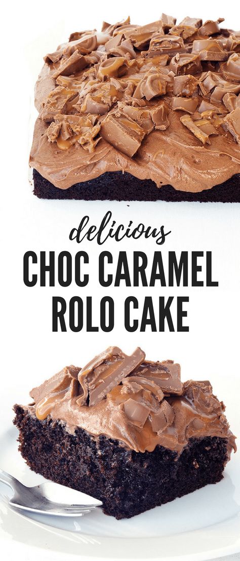 Chocolate Caramel Rolo Poke Cake - Sweetest Menu Rolo Cake, Homemade Salted Caramel, Caramel Frosting, Poke Cakes, Salted Caramel Sauce, Sheet Cakes, Best Cake Recipes, Birthday Cake Recipe, Caramel Recipes