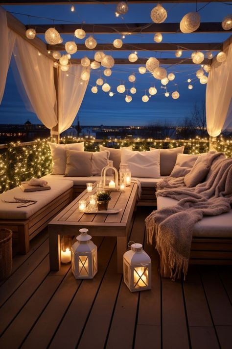 christmas decor ideas terrace decor small balcony ideas  balcony decor ideas outdoor balcony ideas christmas decor ideas christmas fireplace decor ideas  diy christmas tree ideas home inspo home decor ideas home aesthetic Outdoor Cosy Area, Outdoor Lights For Balcony, Canopy Balcony Ideas, Terrace Design Balcony Outdoor, Cozy Terrace Ideas, Small Outdoor Balcony Ideas, Terrace Lighting Ideas, Small Terrace Ideas, Terrace Design Balcony