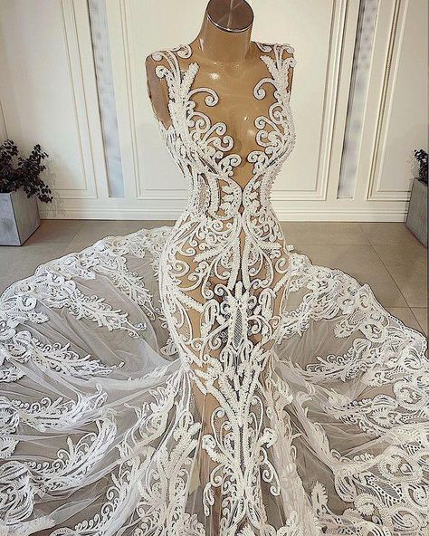 Extravagant Wedding, Mermaid Wedding Dresses, Dream Wedding Ideas Dresses, Lace Wedding Dresses, Illusion Dress, Bride Gowns, Romantic Lace, Princess Wedding Dresses, Aso Ebi