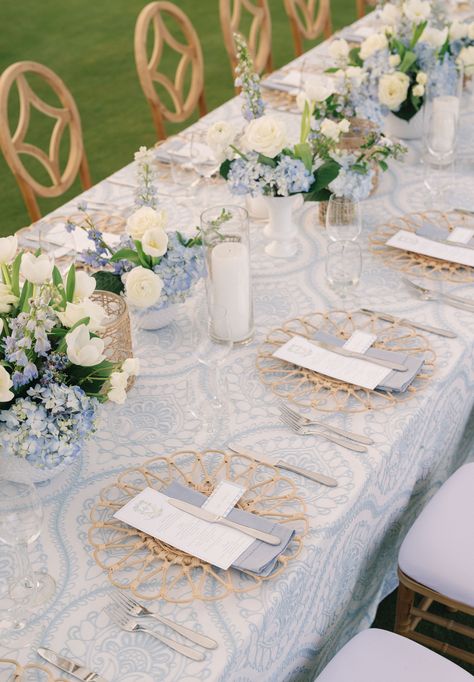 Blue And White Wedding Place Setting, Light Blue Wedding Table Decor, Formal Themes, Wedding Reception Place Settings, Blue And White Table Setting, Sky Blue Wedding, Floral Embroidered Gown, Gasparilla Inn, 2026 Wedding