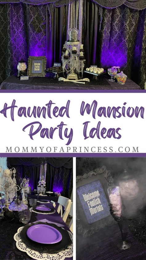 Haunted Mansion Party Ideas + How To Guide Halloween Party Haunted Mansion, Haunted Mansion Game, Haunted Mansion Table Decor, Haunted Mansion Party Games, Haunted Mansion Dinner Party, Haunted Mansion Diy Decorations, Haunted Mansion Themed Food, Haunted Mansion Themed Party, Haunted Mansion Food Ideas