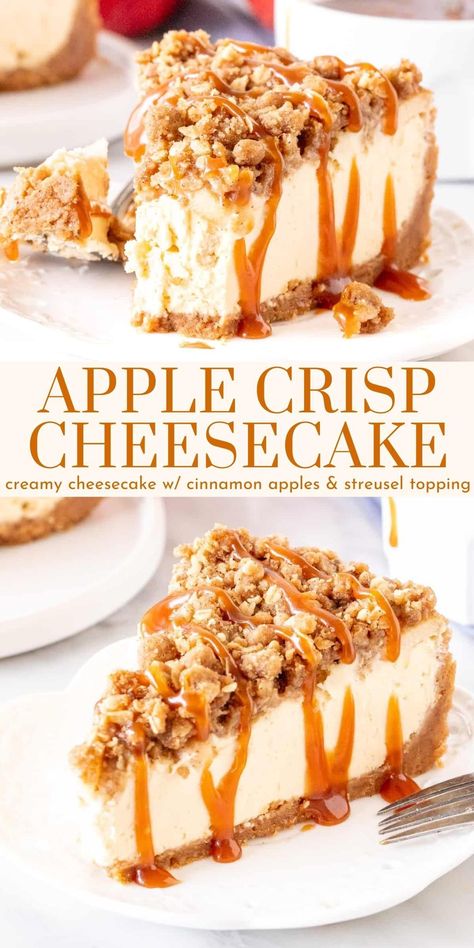 This amazing Apple Crisp Cheesecake is the ultimate dessert that's extra special and truly unique! It has the creamiest cheesecake with a thick cinnamon graham crust. Then there's a layer of cinnamon apples with streusel on top. #applecinnamon #applecrisp #cheesecake #recipe #caramel from Just So Tasty https://www.justsotasty.com/apple-crisp-cheesecake/ Carmel Apple Crisp Cheesecake Pie, Caramel Apple Streusel Cheesecake, Easy Baking Recipes Desserts Healthy, Apple Cheesecake Streusel, Over The Top Cheesecake, Amazing Dessert Recipes Homemade, Carmel Apple Crisp Cheesecake Recipe, Healthy Apple Cheesecake, Homemade Halloween Desserts