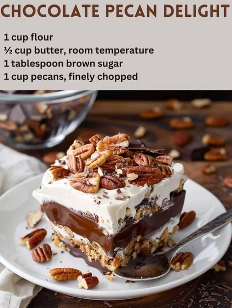 Chocolate Pecan Delight Pecan Pudding Dessert, Chocolate Delight Recipe Easy, Pecan Delight Dessert, Chocolate Delight Recipe Pecan Crust, Chocolate Pecan Desserts, Decadent Dessert Recipes, Chocolate Pecan Delight 12 Tomatoes, Chocolate Lush Dessert Recipe, Pecan Delight Pie