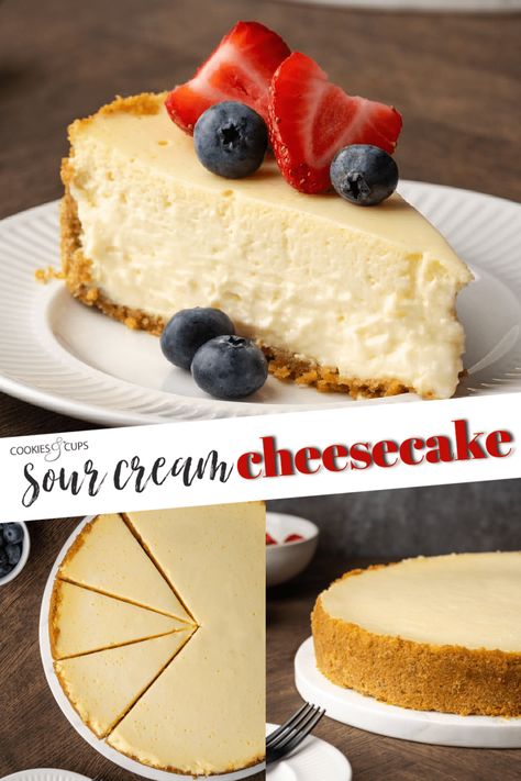 This classic Sour Cream Cheesecake recipe is the ultimate effortless dessert. Indulge in a slice that’s light, rich, and creamy all at once! Cake Recipe With Sour Cream, Recipes Using Sour Cream, Cream Cheese Cake Recipes, Easy Cheesecake Recipe, Cream Cheese Cheesecake, Creamy Cheesecake Recipe, Sour Cream Desserts, Sour Cream Cheesecake, Cheesecake Recipes Classic