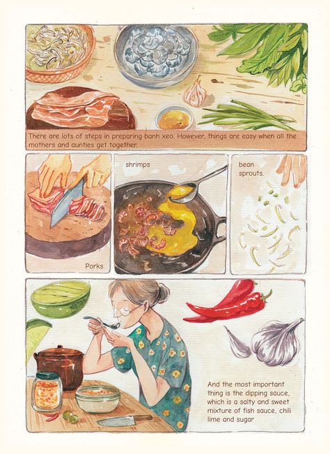 Killien Huynh on Behance Sequential Drawing Cooking, Recipe Coloring Pages, Food Recipe Illustration, Food Zine Design, Food Journal Aesthetic, Illustrated Recipe Book, Recipe Book Illustration, Cooking Illustration Drawing, Cooking Graphic Design