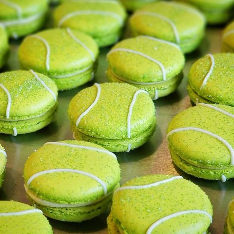 Tennis ball macarons with sanding sugar and white chocolate, birthday cake flavored filling Tennis Themed Birthday Cake, Tennis Ball Macarons, Tennis Macarons, Wimbledon Party Decorations, Tennis First Birthday, Tennis Cupcakes Ideas, Tennis Party Food, Tennis Bridal Shower Theme, Tennis Birthday Cake