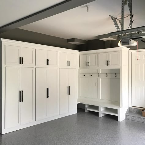 Patio Storage Room, Laundry And Fridge In Garage, Garage Turned Into Mudroom, Vintage Garage Storage, Floor To Ceiling Garage Cabinets, Ladies Garage Ideas, Garage Work Station Ideas, White Garage Cabinets, Garage Enclosure Ideas