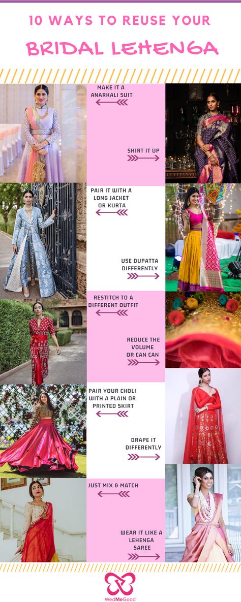 WMG Discovery: 10 Ways To Reuse Your Bridal Lehenga! See more on wedmegood.com   #wedmegood #indianwedding #indianbride #lehenga #lehengacholi #bridallehenga #bridallehengacholi #reuse #reuselehenga #anarkali #anarkalisuits Reuse Bridal Lehenga, Wedding Lehenga Reuse Ideas, Restyle Wedding Lehenga, Different Types Of Lehenga Pattern, Bridal Lehenga Reuse Ideas, Reusing Wedding Lehenga, Rewear Wedding Lehenga, Reuse Wedding Lehenga Bridal, Reuse Bridal Lehenga Skirt