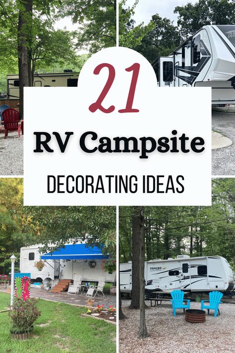 Looking for RV campsite decorating ideas?  Look no further!  RV camping is synonymous with outdoor living, so hanging out in cozy camping chairs around the campfire is the best place to be at the campground.  However, it can be difficult to find cute RV patio decorating ideas and accessories that are practical for camping and travel.  Read now for 21 RV campsite decorating ideas that will make your RV patio the talk of the campground (in a good way). Outside Camper Decor, Camping Yard Ideas, Campground Patio Ideas, Camp Yard Ideas, Full Time Rv Outdoor Space, Outdoor Camper Setup Ideas, Rv Camp Set Up Ideas, Outdoor Camper Ideas, Camper Setup Ideas