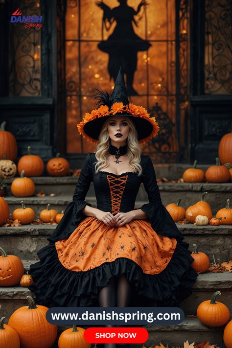 Glamorous Witch Costume, Pumpkin Witch Costume, Impressive Costumes, Witch Queen, Pumpkin Queen, Fun Office, Pumpkin Dress, Spooky Party, Amazing Halloween Makeup