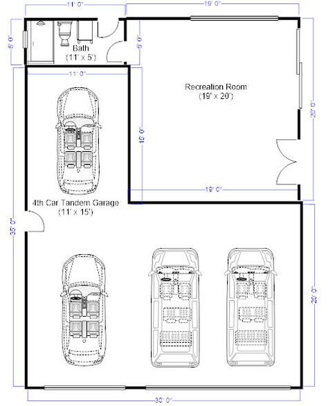 3 Car Garage Dimensions, Detached Garage With Bathroom, Three Stall Garage, Garage With Shop Plans, 3 Car Garage With Workshop, Garage 4 Car, 3 Car Tandem Garage Ideas, 4 Car Detached Garage Ideas, Two Car Garage Ideas Interior