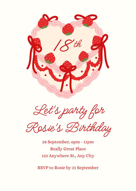 Red Pink Vintage Heart Cake 18th Birthday Invitation Birthday Invites Pink, Pink And Red Invitations, 18th Birthday Invitation Templates, Aesthetic Birthday Invitations, Red Invitation Template, Invitaciones Aesthetic, Birthday Invitations Aesthetic, Cute Invitation Template, Pink Vintage Heart Cake