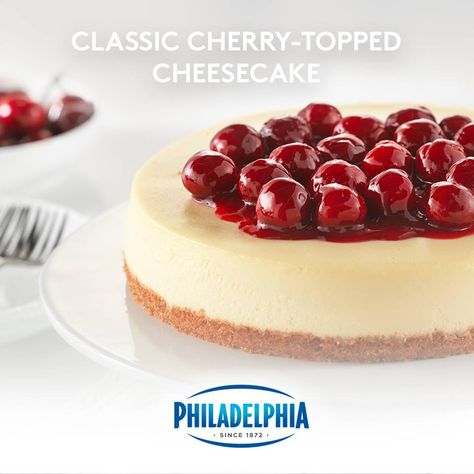 Philadelphia Cream Cheese: No-fail decadent cheesecake recipe #ItMustBeThePhilly Kraft Cheesecake, Cheesecake Recipes Philadelphia, Philadelphia Cheesecake, Dessert Halloween, Cherry Topping, Cheesecake Recipes Classic, Cheesecake Mini, Classic Cheesecake, Desserts Vegan