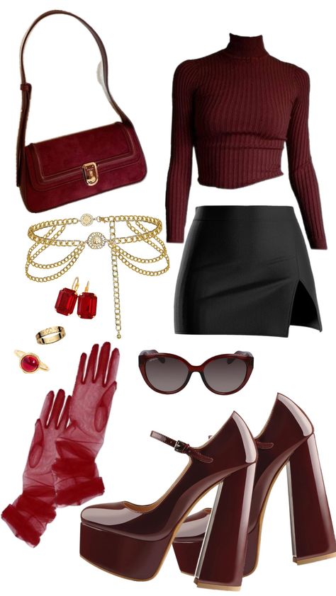 full red. dark red. outfit #outfit #outfitinspo #outfitinspiration #darkred #red #redaesthetic Christmas Bar Crawl Outfit Women, Red Bottom Outfits Classy, Red Statement Outfit, Cherry Color Outfit, Red Outfit Collage, Cherry Red Heels Outfit, Wine Color Outfits, Dark Red Outfit Ideas, Wine Red Outfit Ideas