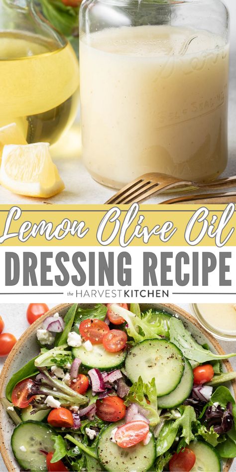 This Lemon Olive Oil Dressing recipe is bright and flavorful and so easy to make. Whip up a fresh batch of this easy lemon olive oil salad dressing to serve with all of your favorite salads. Lemon Juice Olive Oil Salad Dressing, Lemon And Oil Salad Dressing, Lemon Olive Oil Salad, Olive Oil Salad Dressing Recipe, Lemon Vinaigrette Dressing Recipe, Olive Oil Dressing Recipes, Lemon Vinegarette, Lemon Olive Oil Dressing, Lemon Salad Dressing