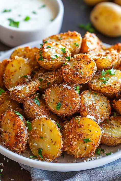 Crispy Parmesan Potatoes - Get ready to transform your Sunday roast or any gathering with these absolutely epic Crispy Roasted Parmesan Potatoes! It's no secret that the star of the show is the crispy, golden parmesan crust that envelops each tender potato. If crispy potatoes are your weakness, prepare to be swept off your feet Crisp Roasted Potatoes, Parmesan Roasted Baby Potatoes, Extra Crispy Parmesan Crusted Roasted Potatoes, Crushed Parmesan Potatoes, Crispy Parmesan Hasselback Potatoes, Crispy Lemon Potatoes, Crispy Italian Potatoes, Crispy Potato Recipe, Sheet Pan Scored Potatoes