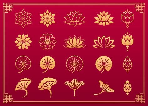 Chinese Patterns Flower, Chinese Art Motifs, Chinese Lotus Drawing, Lotus Pattern Illustration, Chinese Flower Illustration, Asian Flower Art, Lotus Flower Leaves, Chinese Flower Pattern, Asian Ornaments