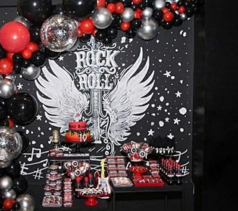 Rock N Roll Backdrop, Rock And Roll Backdrop, Punk Rock Party Theme, Rock And Roll Theme Party, Rock And Roll Party Decorations, Festa Rock Roll, Rock And Roll Birthday Party, Rock And Roll Birthday, Rock N Roll Party