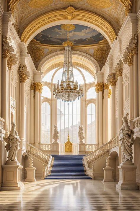 Royal Palace Aesthetic Exterior, Classical Architecture Interior, Rococo House Exterior, Royal Castle Interior, Fantasy Palace Interior, Stair Railings Metal, Royal Palace Interior, Stair Railing Modern, Royal Castles Interior