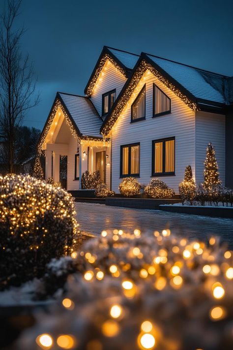 Front of a cottage house with white horizontal slat siding bay windows multi pitched roof lined with fairy lights the facade and front yard shrubs. Check out the most heartwarming Christmas houses from the very festive winter wonderland. Christmas Lights Bungalow Exterior, Exterior White Christmas Lights, White And Colored Christmas Lights On House, Christmas Lights Around House, Traditional Christmas Exterior, C7 Christmas Lights On House, Roofline Christmas Lights, Modern Farmhouse Christmas Exterior, White Lights Christmas House