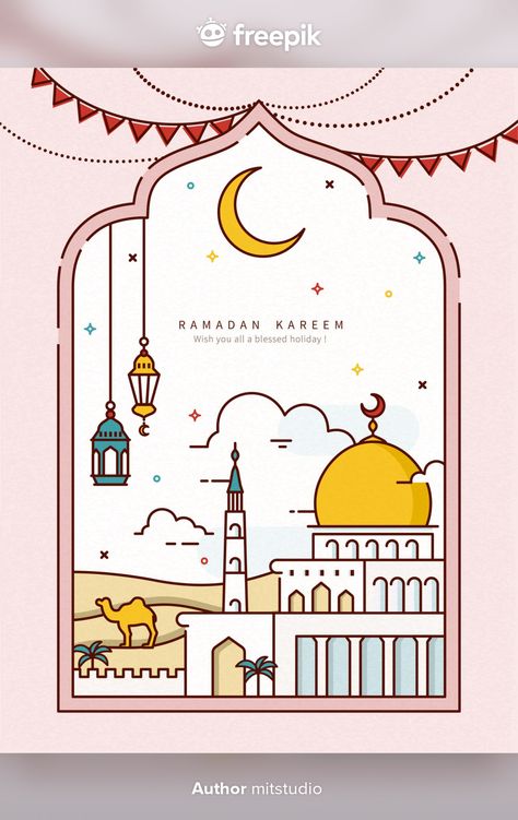 Ramadan line style design with mosque in the desert Premium Vector Mosque Art Illustration, Ramadan Design Poster, Ramadan Sketch, Ramadan Design Ideas, Maulidur Rasul Poster, Eid Mubarak Design Illustration, Ramadan Drawings, Poster Ramadhan Design, Ramadan Drawing Ideas