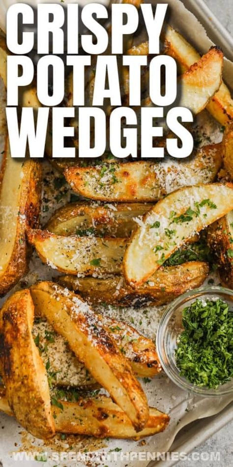 Homemade baked potato wedges are a crispy and delicious appetizer. Made by tossing potatoes in olive oil, seasonings, and parmesan before roasting them in the oven. This perfectly seasoned appetizer also makes a great side dish...even for breakfast! #spendwithpennies #potatowedges #homemade #sidedish #appetizer Oven Baked Potato Wedges, Homemade Potato Wedges, Oven Baked Potato, Roasted Smashed Potatoes, Potato Side Dishes Easy, Baked Potato Wedges, Easy Baked Potato, Crispy Potato Wedges, Crispy Baked Potatoes