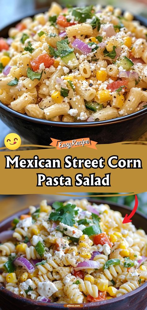 A fusion dish that's bursting with flavors! Sweet corn, spicy jalapeños, and tangy lime blend beautifully in this pasta salad inspired by Mexican street corn. #MexicanCuisine #PastaSalad #FlavorExplosion Mexican Street Corn Pasta Salad, Mexican Street Corn Pasta, Street Corn Pasta Salad, Street Corn Pasta, Corn Pasta Salad, Corn Pasta, Satisfying Eats, Fusion Dishes, Mexican Street Corn