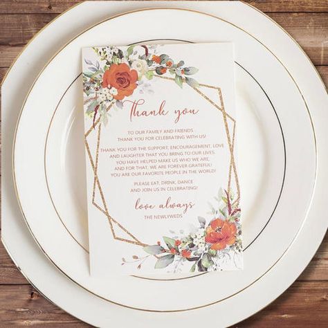 Thank You From The Newlyweds Fall Burnt Orange Floral Place Cards Fall Wedding Favors For Guests, Fall Wedding Place Settings, Fall Wedding Desserts, Floral Place Cards, Fall Wedding Favors, Memory Table Wedding, Place Setting Cards, Bridal Shower Tables, Rustic Wedding Table