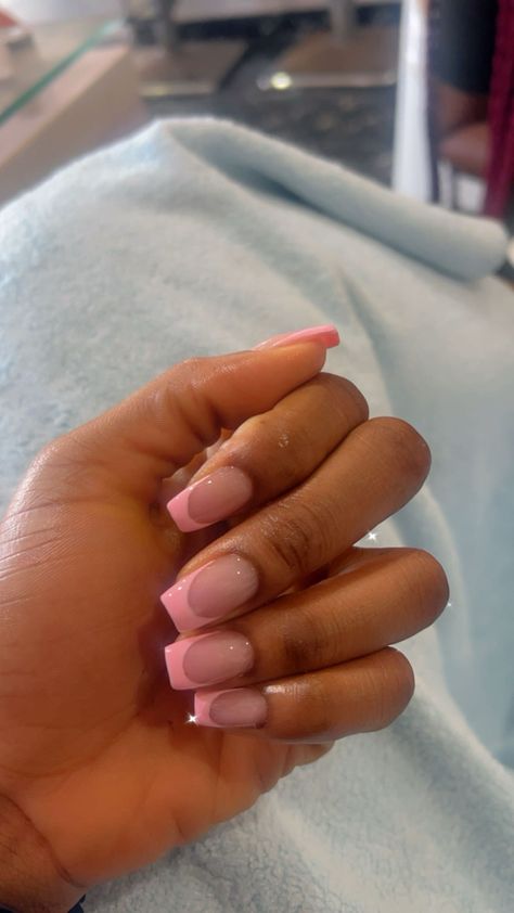 Baby pink french tips Square Light Pink French Tip Nails, Plain Pink French Tips, Soft Pink French Tip Nails Square, Blush Pink Nails French Tip, French Tips Pink Nails, Short Medium Pink Nails, Blush Pink French Tips, Light Pink French Tips Coffin, Pink Tip Acrylics