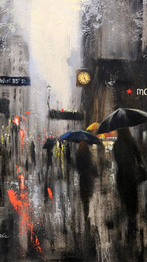 An impressionist scene of a city under the cover of rain. New York Painting, Street Painting, City People, City Painting, Painting Medium, New York Art, Expressionism Painting, A Level Art, City Street