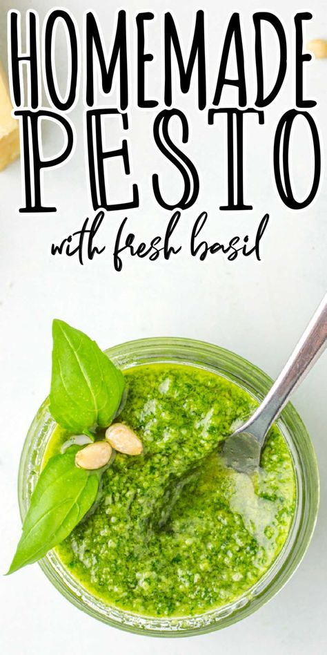 With just 6 ingredients and 5 minutes of prep, this Easy Homemade Pesto adds a blast of flavor to pasta, salads, sandwiches, and more. You’ll never buy jarred pesto again! This pesto recipe will quickly become your go to when you see how easy it is to make pesto at home with fresh basil. Easy Basil Pesto Recipe, Pasta With Roasted Vegetables, Easy Basil Pesto, Fresh Basil Pesto Recipe, Fresh Basil Pesto, Basil Pesto Recipe, Pesto Sauce Recipe, Homemade Pesto Recipe, Make Pesto