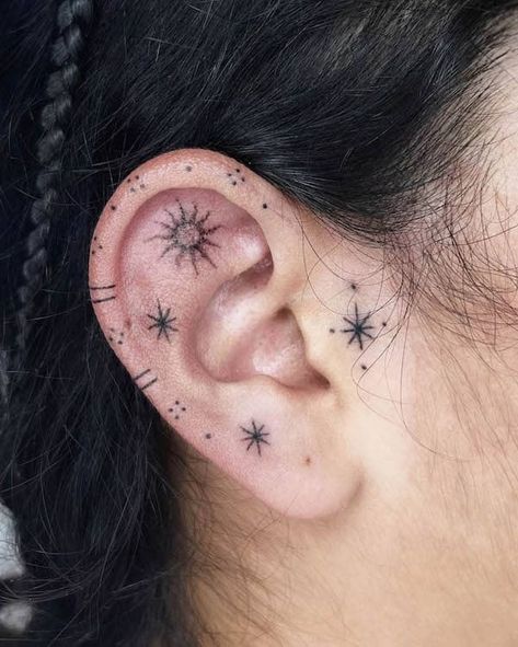 94 Unique Ear Tattoos For Men And Women - Our Mindful Life Weird Unique Tattoos, Miningful Tattoo, Stick N Poke Hand Tattoos, Simple Ear Tattoos, Men Ear Tattoo, Stick And Poke Hand Tattoos, Star Stick And Poke, Small Ear Tattoos, Stick And Poke Tattoo Ideas Simple