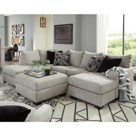 Signature Design by Ashley Megginson 3-Piece Right Facing Curved Sectional with Sofa Chaise in Storm | Nebraska Furniture Mart Sectional Sofa Layout, U Couch, Sectional Living Room Layout, Cozy Modern Farmhouse, Ashley Furniture Living Room, 3 Piece Sectional Sofa, Curved Sectional, Sectional Sofa With Chaise, Grey Sectional