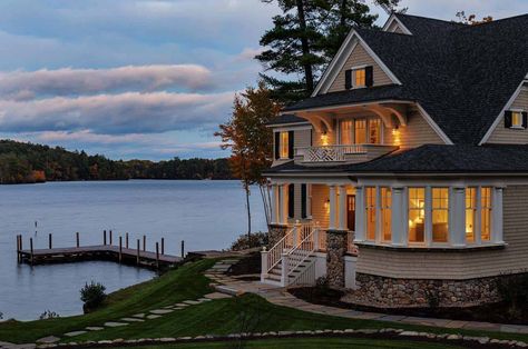 Dreamy lake house in New Hampshire nestled on the water’s edge House On Lake Dream Homes, Home On The Water, Houses By The Water, New England Lake House, New Hampshire Homes, House By A Lake, Houses On The Water, Lake House Exterior, House Near Water