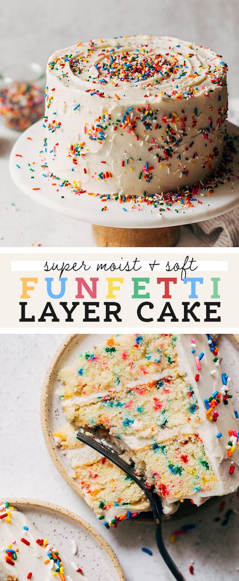 This is the BEST funfetti cake recipe! It's super moist, soft, and loaded with vanilla and sprinkles. It's smothered in a simple American buttercream to make a perfect classic birthday cake. #funfetti #birthdaycake #funfetticake #layercake #butternutbakery | butternutbakeryblog.com 3 Layer Funfetti Cake, Fingertips Cake Recipe, Birthday Cake Birthday Cake, The Best Funfetti Cake Recipe, Fun Getting Cake Recipe, 4 Layer Cake Birthday, Classic Birthday Cake Recipe, Making A Birthday Cake At Home, Birthday Cakes Easy Decorating