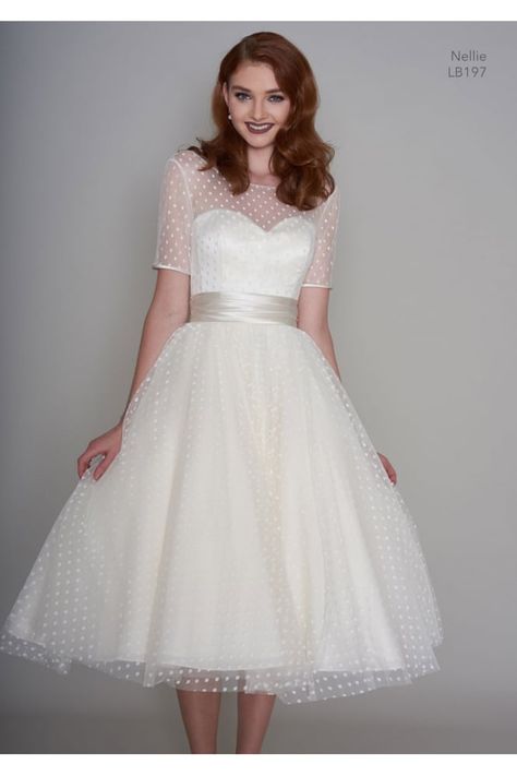 NELLIE 1950s Tea Length Polka Dot Short Vintage Wedding Dress With Sleeves Luulla Dresses, Short Wedding Dress Vintage, Tea Length Prom Dress, Wedding Dresses 50s, Backless Homecoming Dresses, Tea Length Wedding, Robes Vintage, Fifties Fashion, Trendy Wedding Dresses