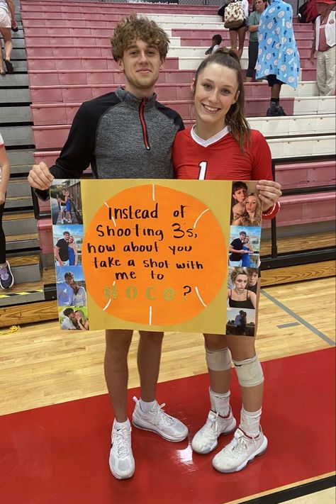 Prom Question Ideas, Dance Proposal Ideas Basketball, Volleyball Themed Homecoming Proposal, Prom Signs Ideas, Basketball Promposal Ideas For Her, Basketball Hoco Signs, Basketball Homecoming Posters, Cute Homecoming Signs Volleyball, Dance Proposal Basketball