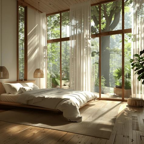 Large Cozy Bedroom Ideas, Apartment With Natural Light, Feng Shui Aesthetic, Natural Lighting Home, Adobe Bedroom, Bedroom Ideas Nature, Zen House Decor, Bedroom Natural Light, Bedroom With Large Windows