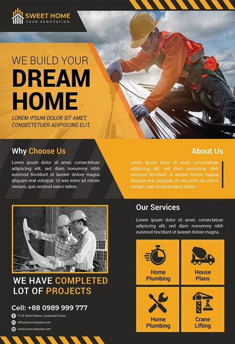 Construction Company Flyer/poster Design Template For Promotion#pikbest#Templates#Flyer Construction Template Design, Construction Advertisement Design, Company Poster Design Advertising, Construction Company Marketing, Construction Company Advertising, Poster Design Company, Construction Poster Ideas, Construction Company Flyer, Construction Design Poster