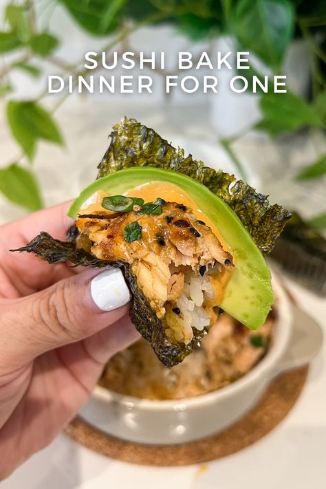 eating a single serve salmon sushi bake with roasted seaweed paper snack, avocado, and spicy mayo Individual Sushi Bake, Single Serving Salmon Recipe, Sushi Bake For One, Single Serve Casserole Recipes, Quick Single Serve Dinner, Single Serve Dinner, Easy Sushi Bake, Single Serving Meals, Single Meals Cooking For One