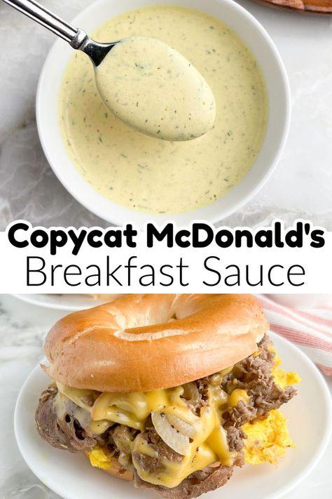 Bowl of sauce and a steak bagel sandwich. Mcdonalds Breakfast Sauce Recipe, Mcdonalds Breakfast Sauce, Breakfast Sauce Recipe, Breakfast Sauce, Mcdonald's Breakfast, Mcdonalds Recipes, Food Sandwiches, Mcdonalds Breakfast, Sandwiches Wraps