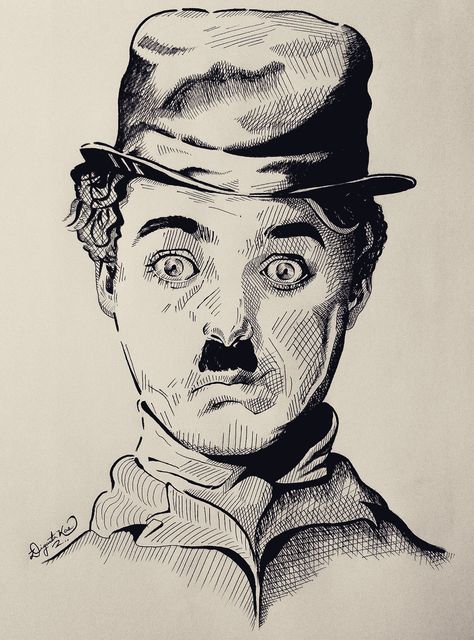 Charlie Chaplin Painting, Ink Portrait Sketches, Charlie Chaplin Sketch, Comedy Drawings, Black Pen Drawing Sketches, Charlie Chaplin Drawing, Pencil Shading Drawings, Hatching Art, Black Pen Art